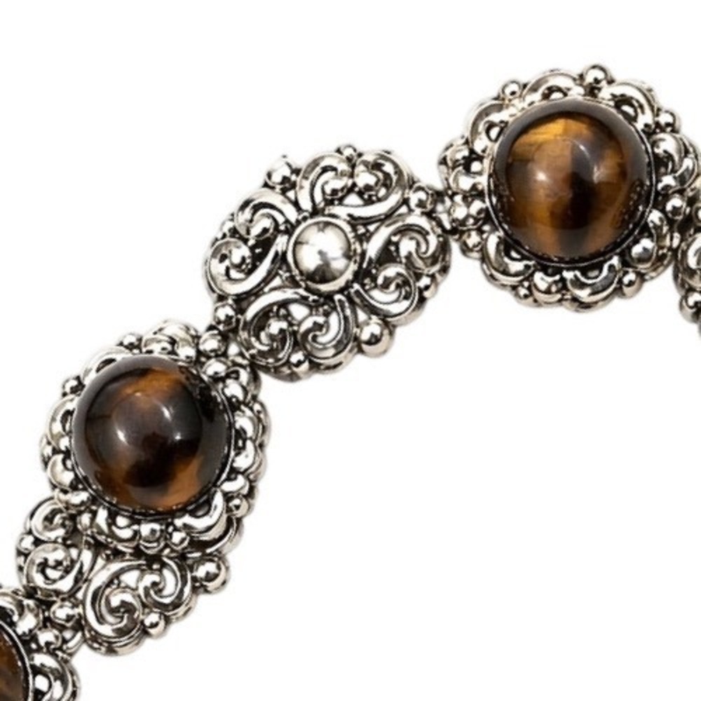 Vintage Ornate Silver Tone Tiger's Eye Filigree Link Bracelet Fold Over Clasp